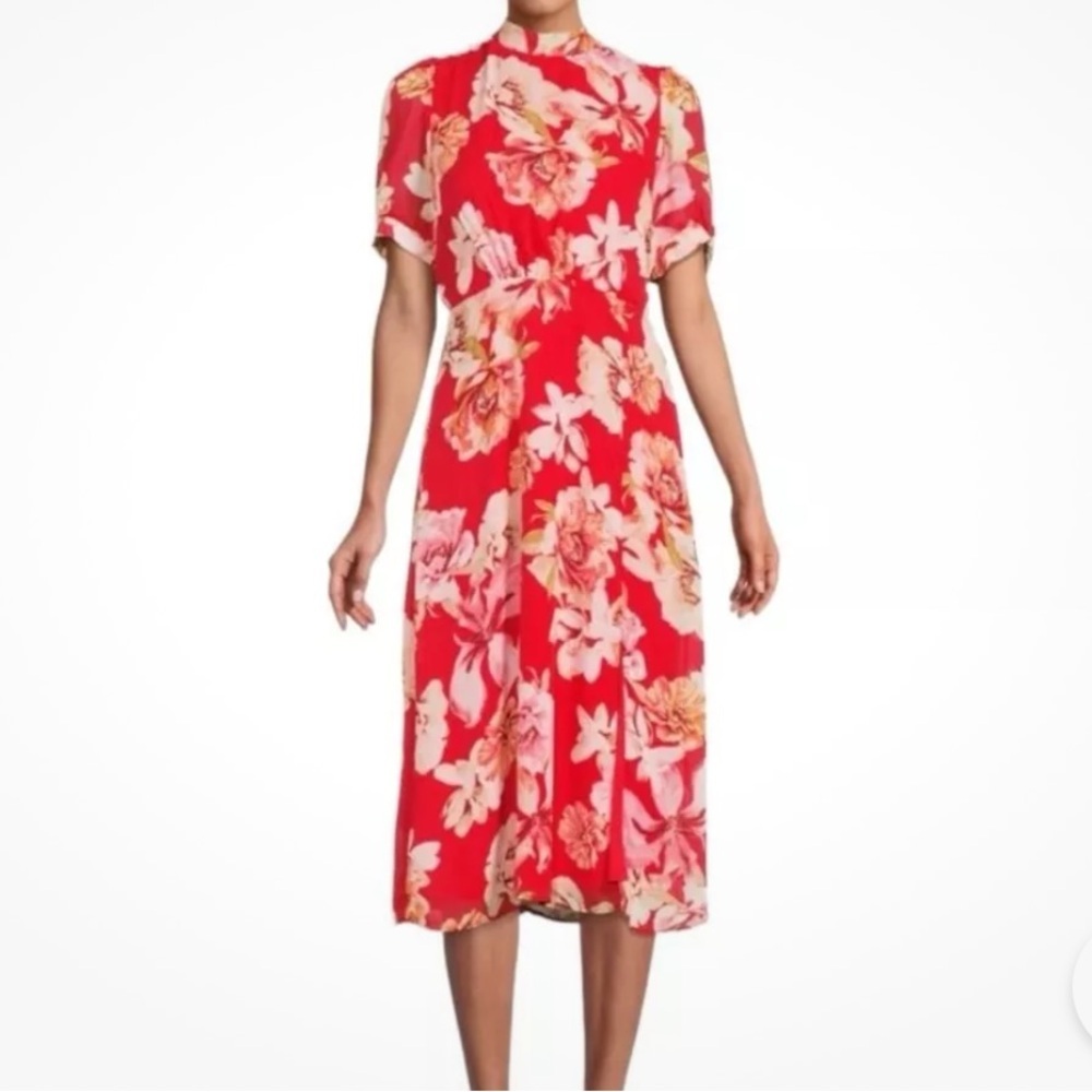 Julia Jordan Red Floral Short Puff Sleeve Midi Dress Size 10 Preppy Formal Party
